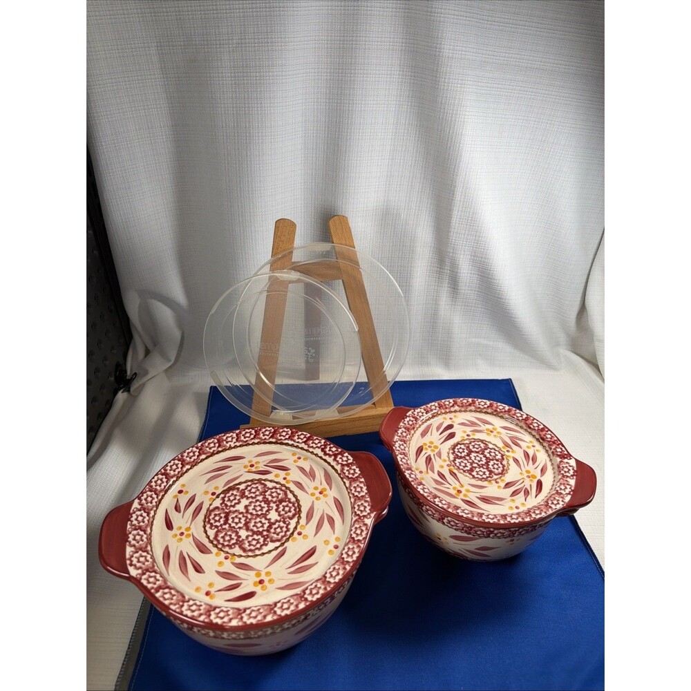 Temptations Cranberry Nesting Bowls Set of 2 Ceramic Trivet Lid-It Lids Covers